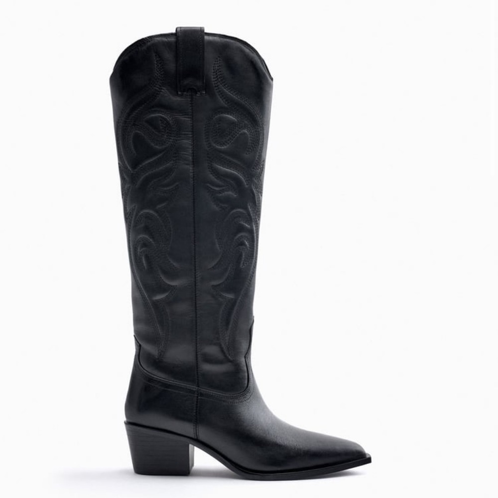 Zara KNEE HIGH EMBROIDERED LEATHER COWBOY BOOTS - worn twice!